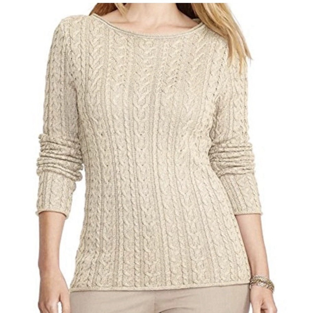 RALPH LAUREN Cable knit Sweater NEW Fisherman Tan Natural 100% Cotton Sz M